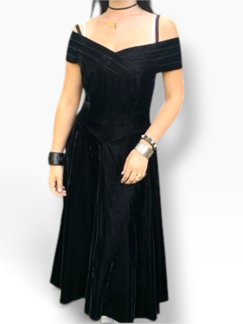 Vintage velvet dress Black Off-Shoulder Velvet Evening gown off-shoulder S